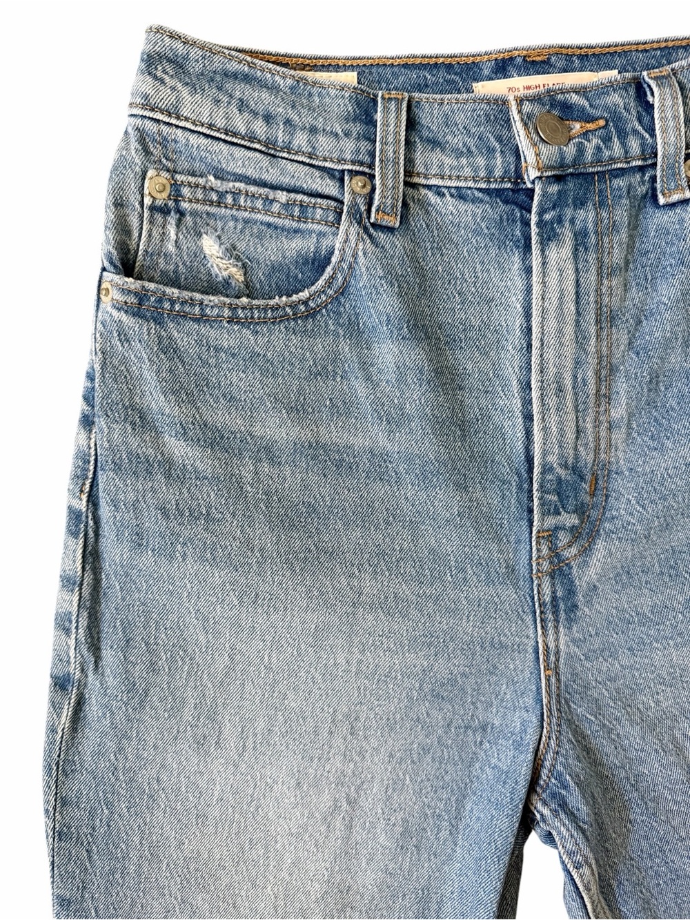 Levi’s Premium 70s High Flare Jeans 26 Light Wash Distressed Denim - Picture 6 of 13